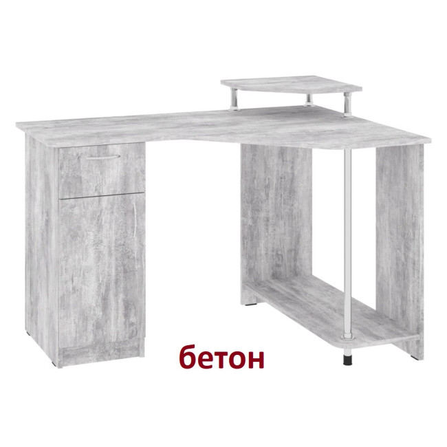 Кутовий комп'ютерний стіл для дому офісу 120/880/750(890) см 1 двері 1 ящик Атлант бетон Пехотін